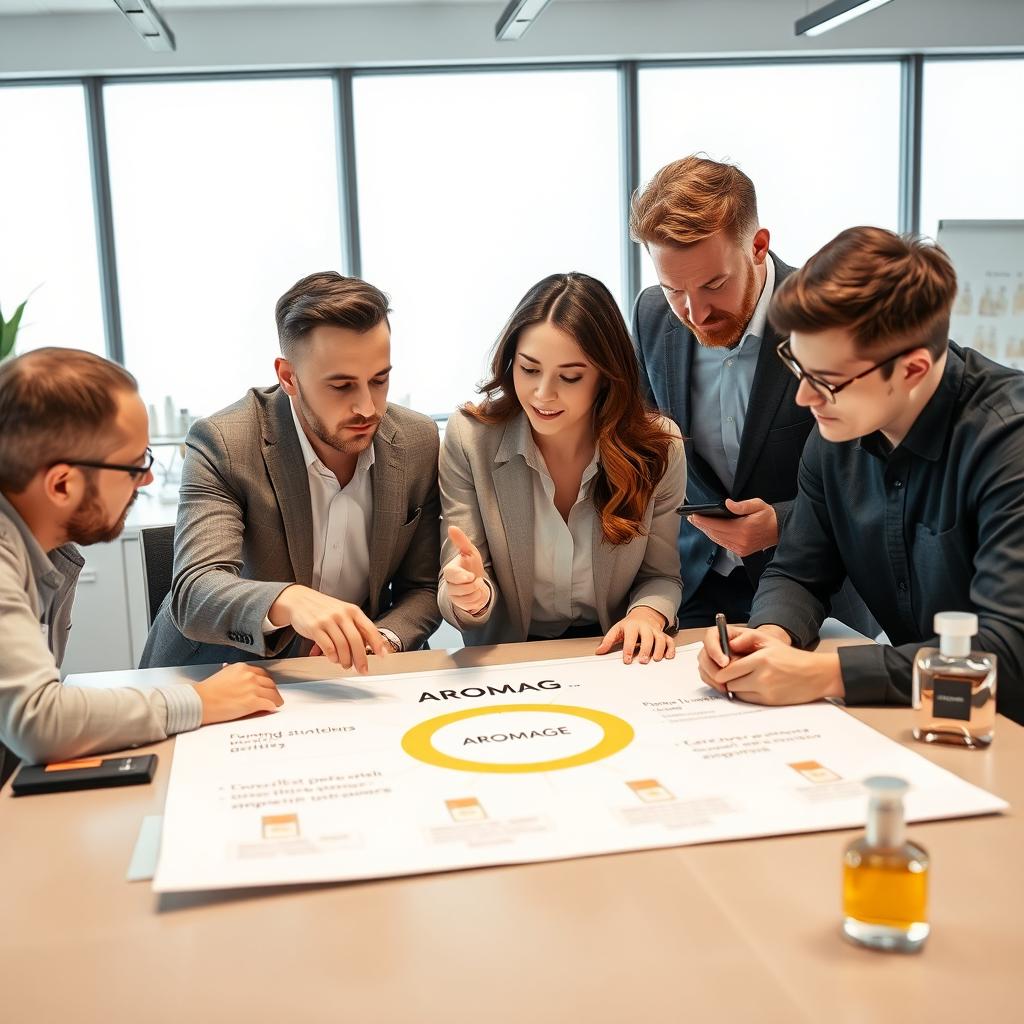 A professional and dynamic scene featuring one woman and two men collaborating on a project