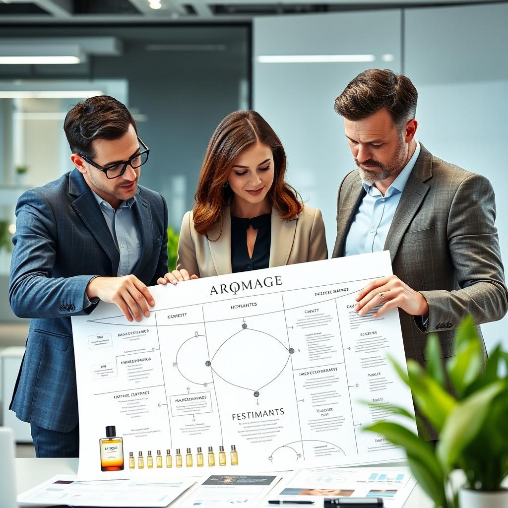 A professional team of three people focusing on enhancing the Aromage brand