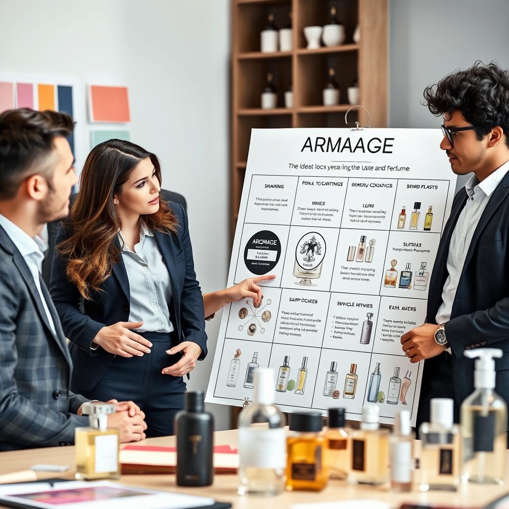 A professional team meeting scene featuring one woman and two men engaged in an intense discussion about improving the Aromage brand