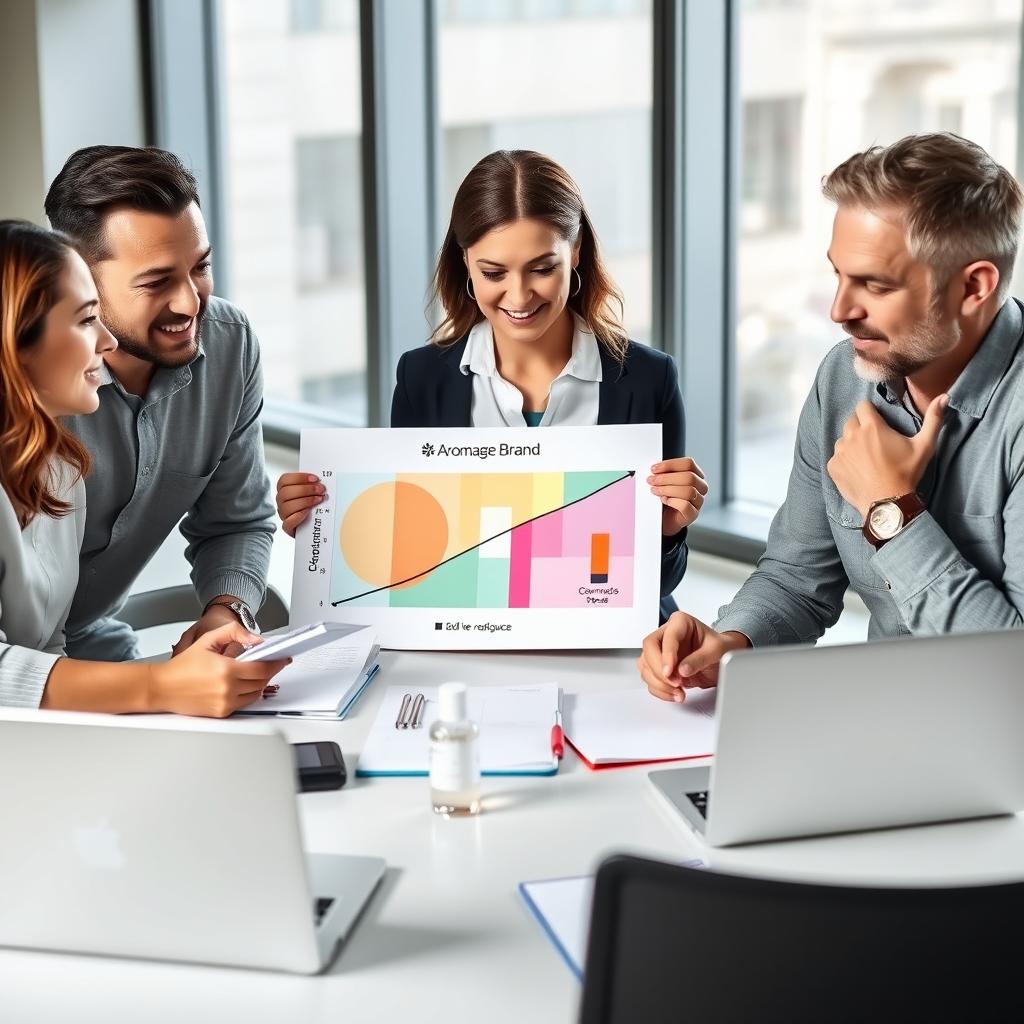 A professional and dynamic team meeting scene featuring one woman and two men collaborating on a chart that focuses on improving the Aromage brand