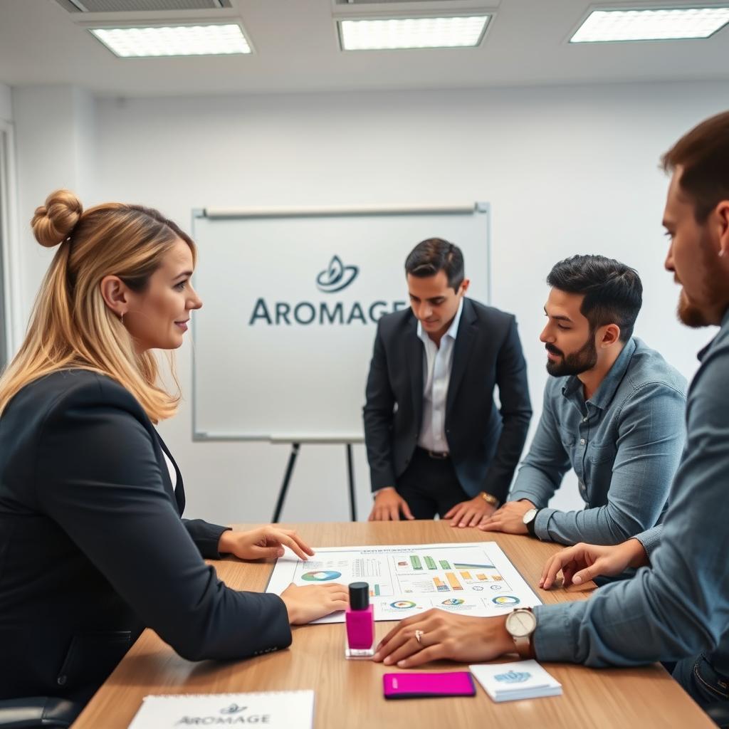 A professional team meeting scene featuring one woman and two men collaborating on a chart focused on improving the Aromage brand