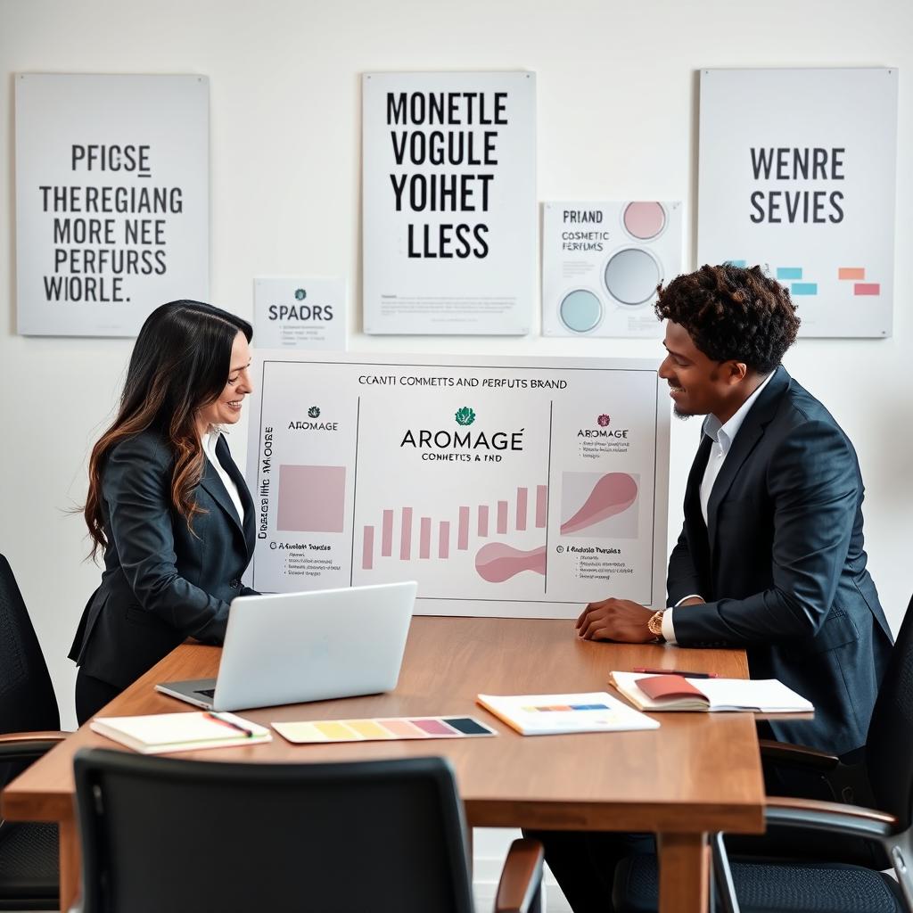 A professional scene depicting a diverse team working on brand strategy