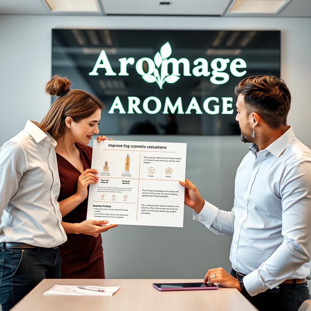 A professional team meeting setting featuring one woman and two men collaborating on a chart that highlights the improvement of the Aromage brand