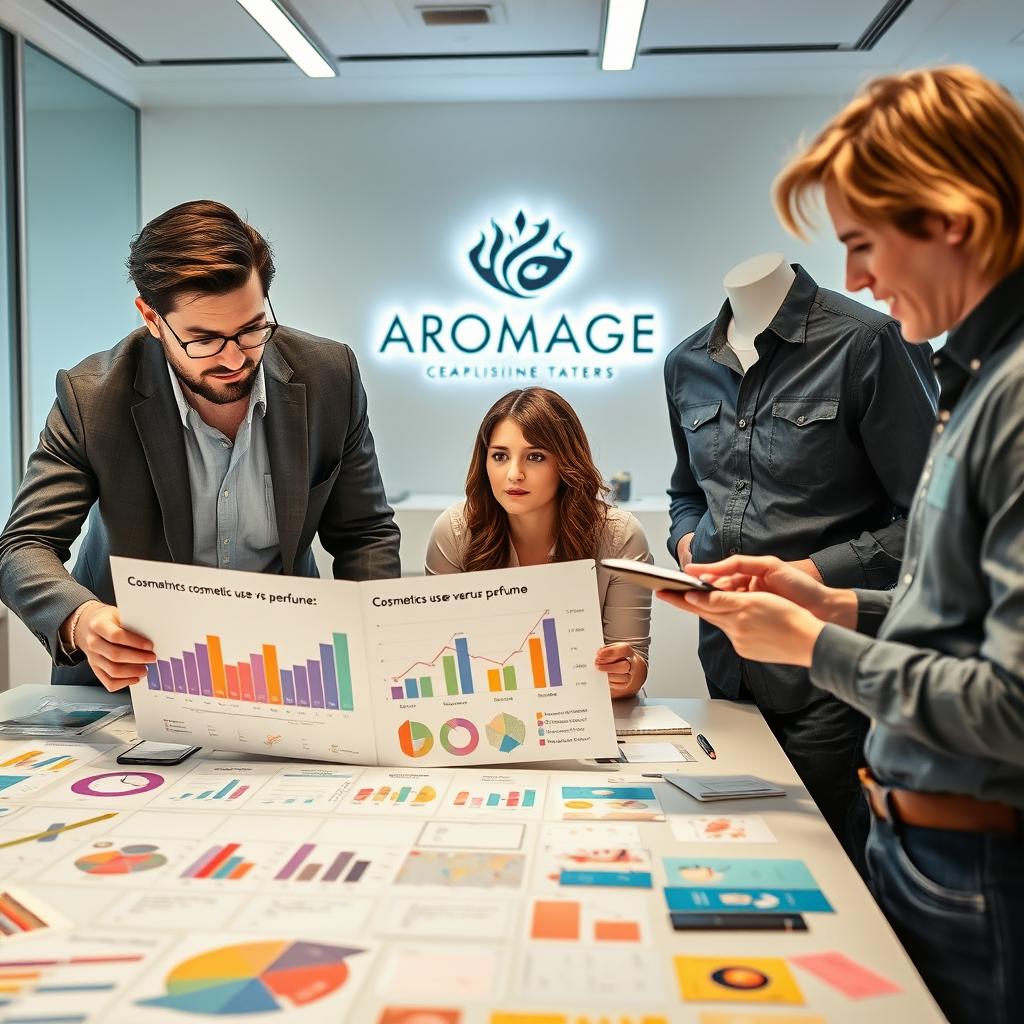 A dynamic office scene featuring a woman and two men collaborating on a chart aimed at enhancing the Aromage brand
