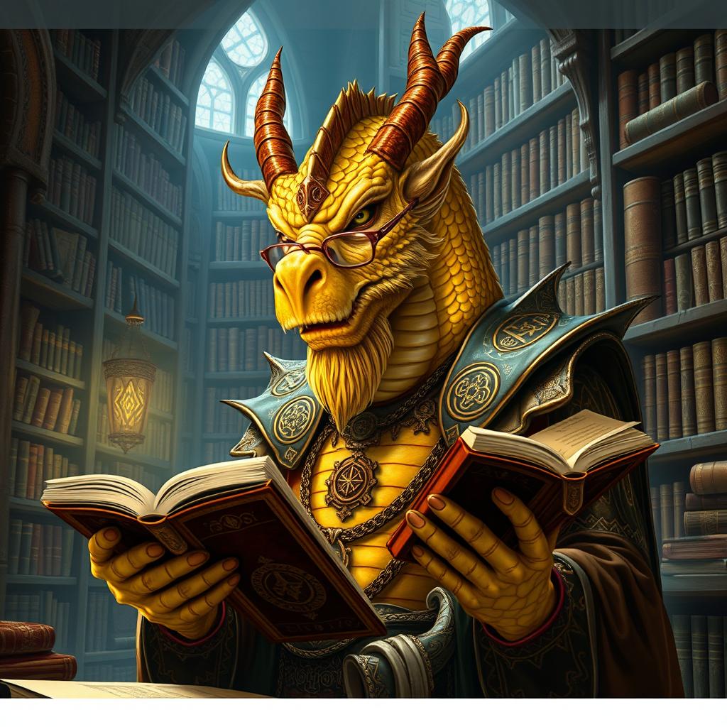 An ancient male dragonborn with stunning gold scales, showcasing a dragon-like snout, small curling horns, frilled ears, and a distinctive crest