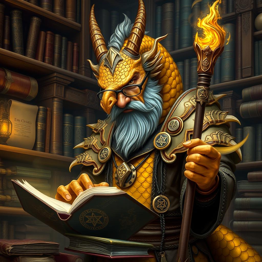 An ancient male dragonborn with magnificent gold scales, characterized by a dragon-like snout, small curling horns, frilled ears, and a regal crest