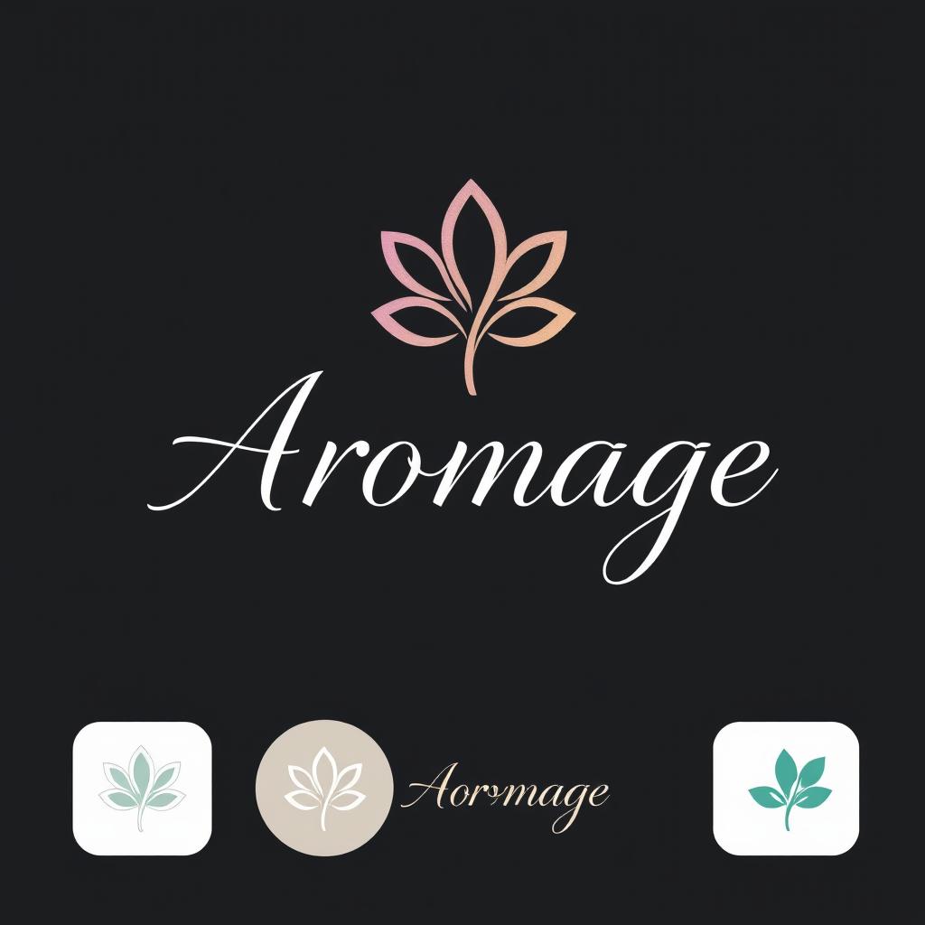 A modern and elegant logo for 'Aromage' cosmetics brand, featuring a stylized representation of a flower or plant that symbolizes beauty and nature