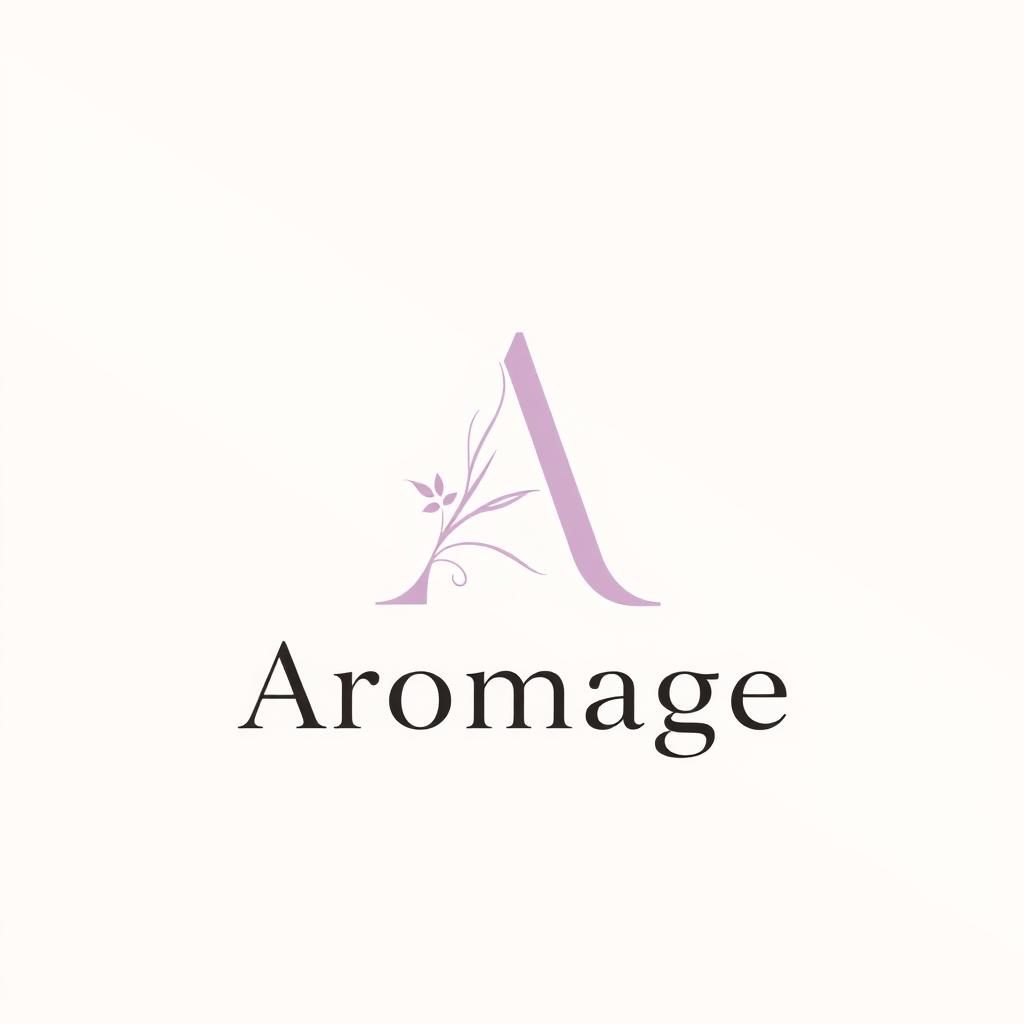 A minimal, elegant logo design for the Aromage cosmetics brand, featuring a stylized letter 'A' crafted from flowing floral elements and soft curves, symbolizing beauty and elegance