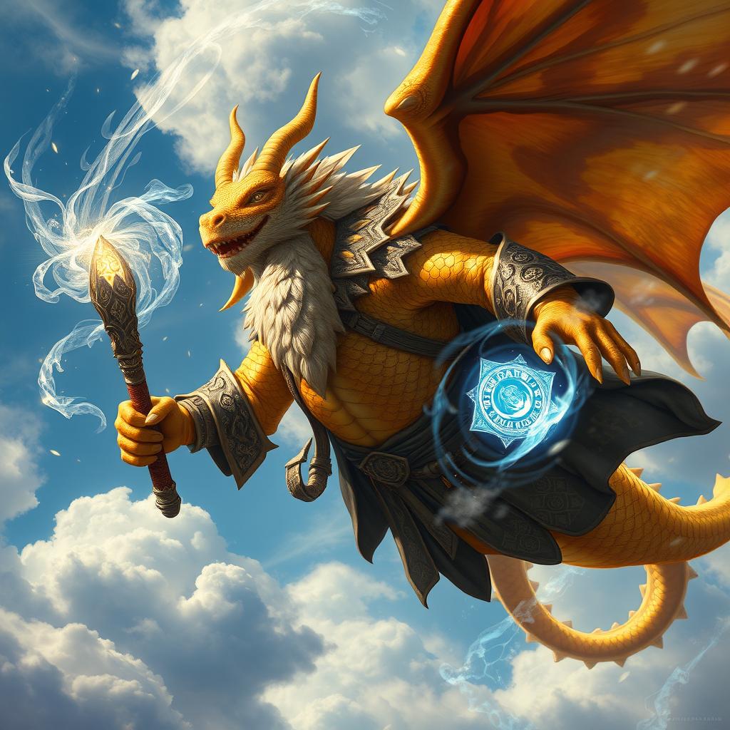 An ancient male dragonborn with dazzling gold scales, showcasing a dragon-like snout, small curling horns, frilled ears, and a regal crest, soaring majestically through the sky