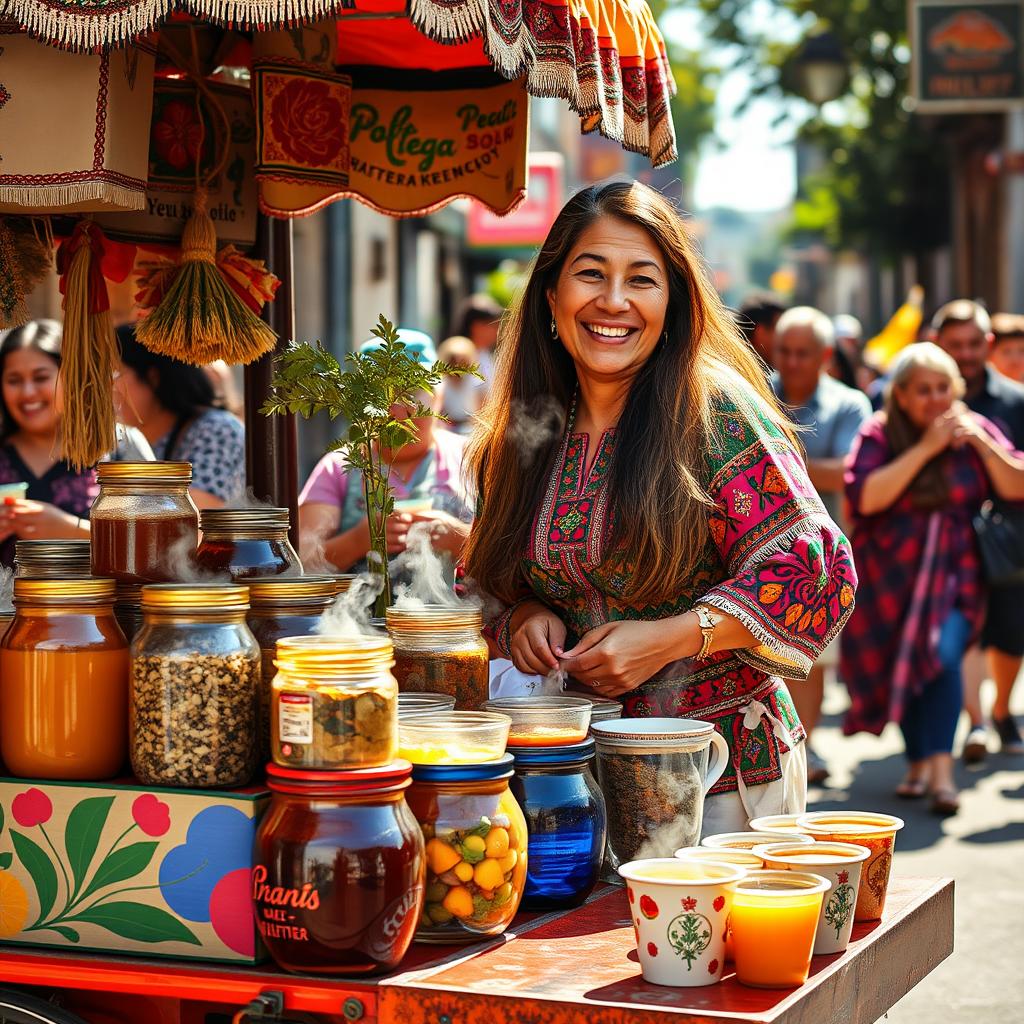 A vibrant and colorful street vendor scene featuring a cheerful person selling emoliente, a traditional Peruvian herbal drink