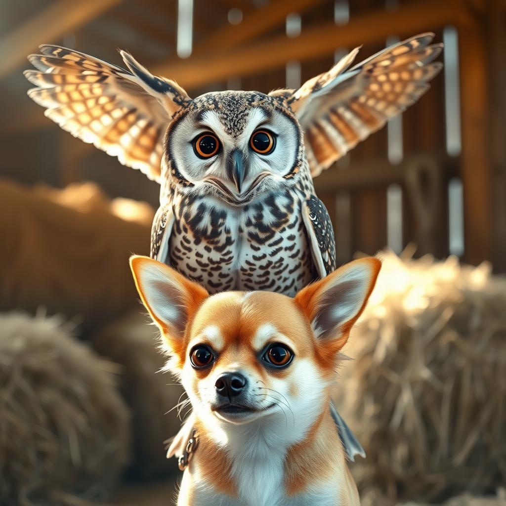 A whimsical and charming scene featuring a barn owl perched majestically on the back of a small, playful Chihuahua