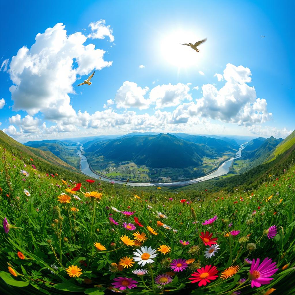 A dynamic and vibrant scene capturing a 360° view of a stunning landscape