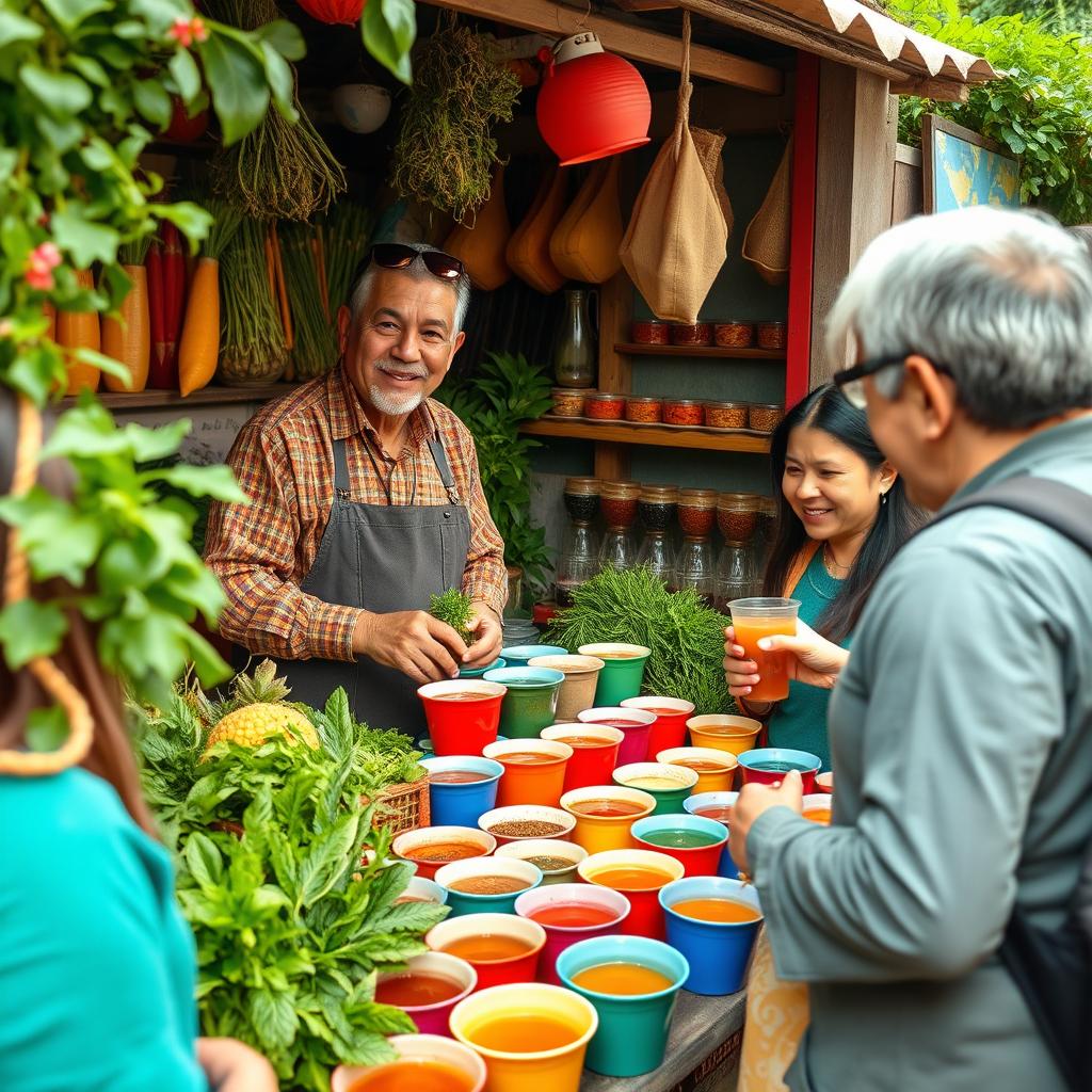 A vibrant and inviting scene showcasing a charismatic vendor enthusiastically selling emoliente, a traditional Peruvian herbal drink known for its health benefits