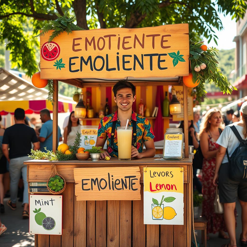 A vibrant, eye-catching image of a person selling creative emoliente drinks at a colorful street market