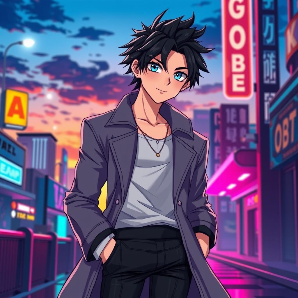 An anime-style character, handsome and well-defined, with striking features including sharp jawline, bright blue eyes, and tousled dark hair