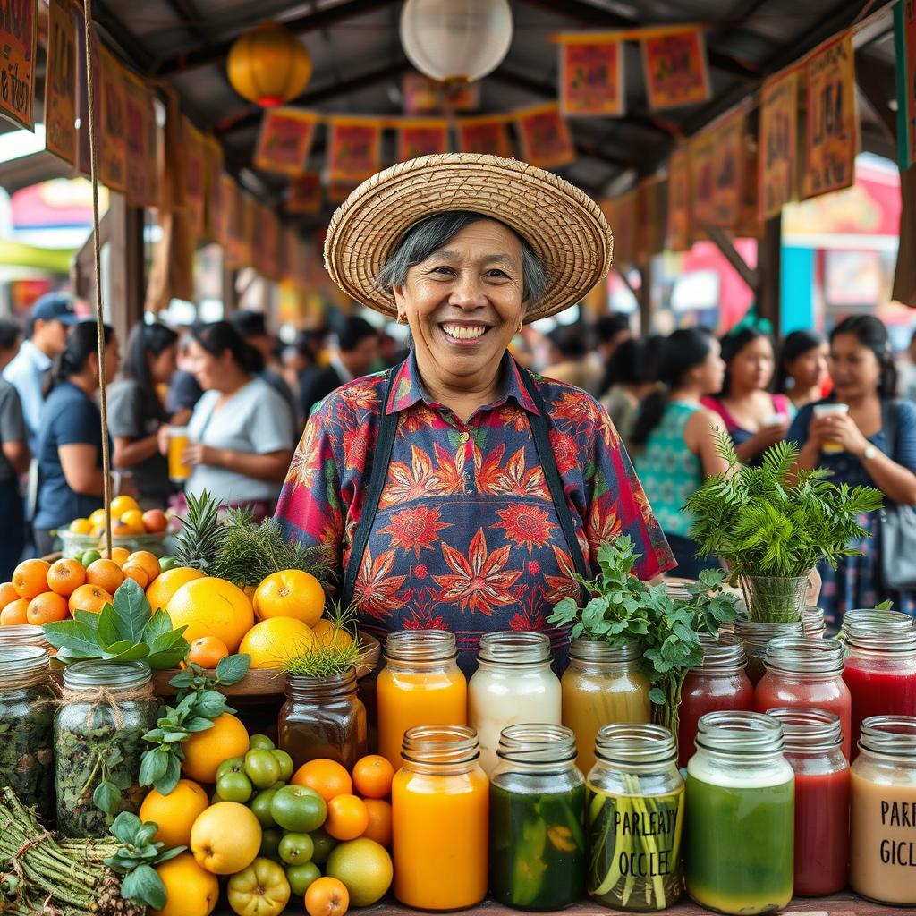 A vibrant and colorful market scene featuring a charming persona selling emoliente, a traditional herbal drink