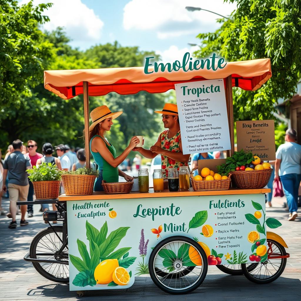 A vibrant and colorful street scene showcasing a creative emoliente cart