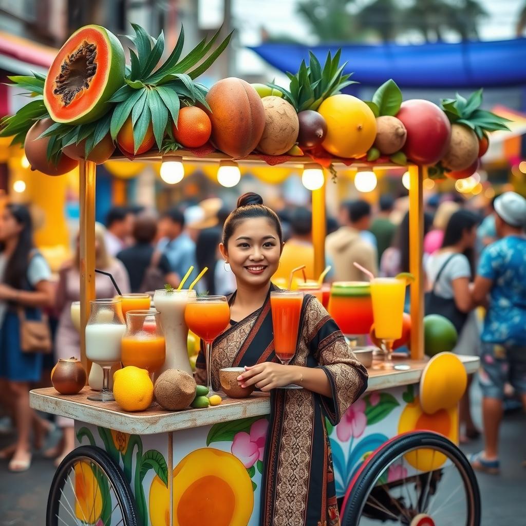 A vibrant and colorful scene showcasing a creative emoliente cart