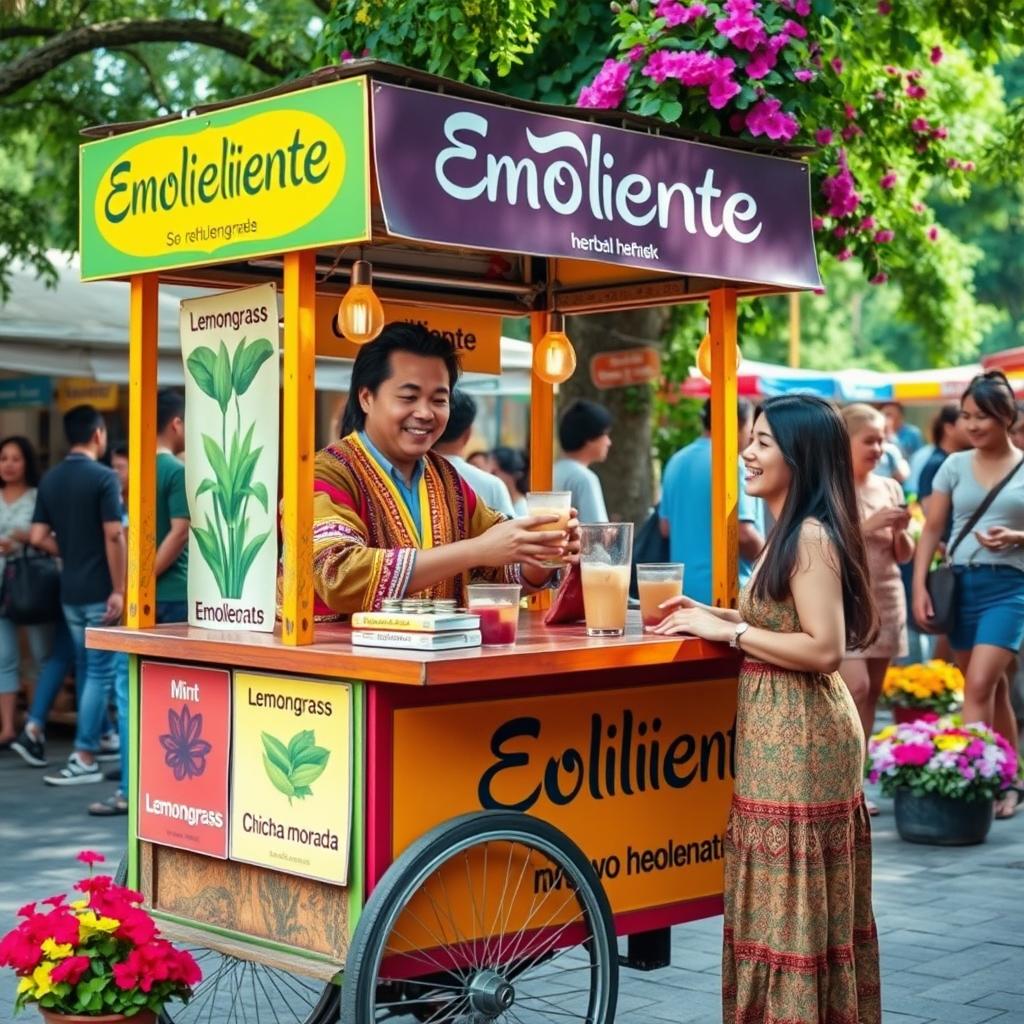 A vibrant and inviting scene featuring a colorful mobile cart selling emoliente, a traditional herbal drink