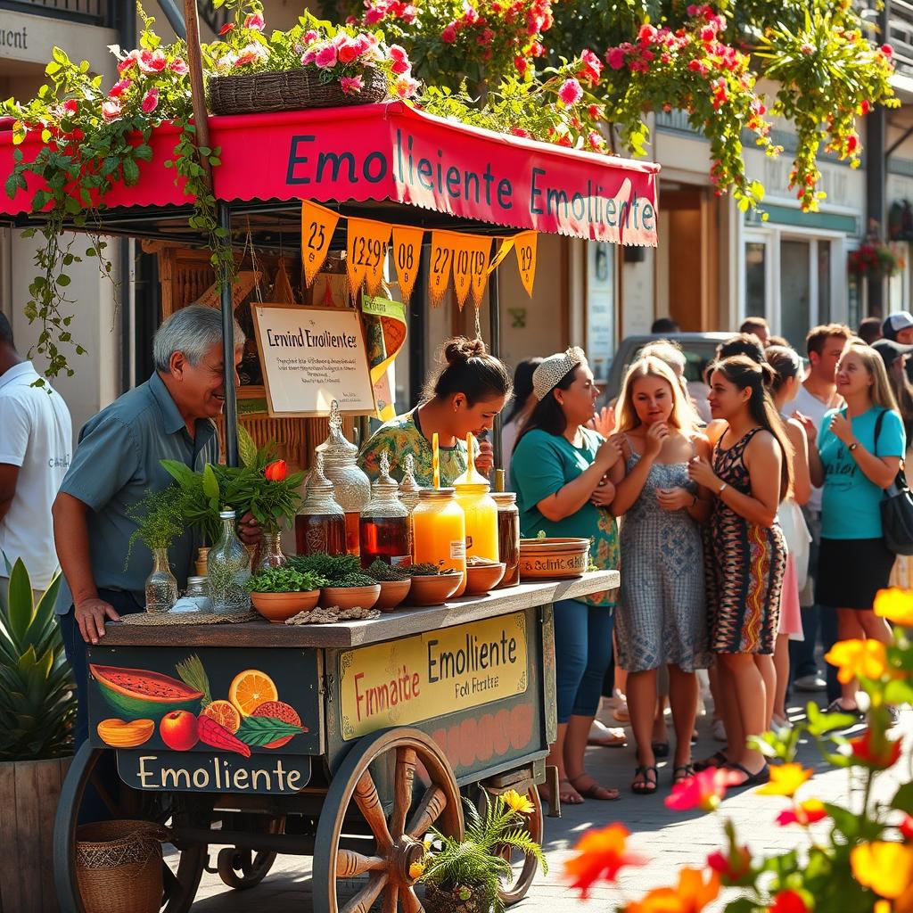 A vibrant and colorful street market scene featuring a charming vendor cart selling emoliente, a traditional herbal drink