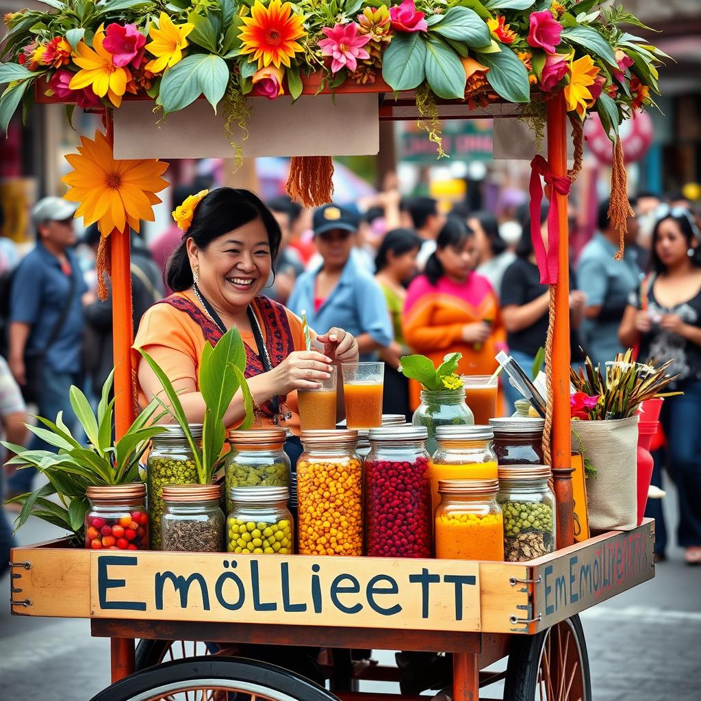 A vibrant and colorful street market scene featuring a carrito (cart) selling emoliente, a traditional Peruvian herbal drink