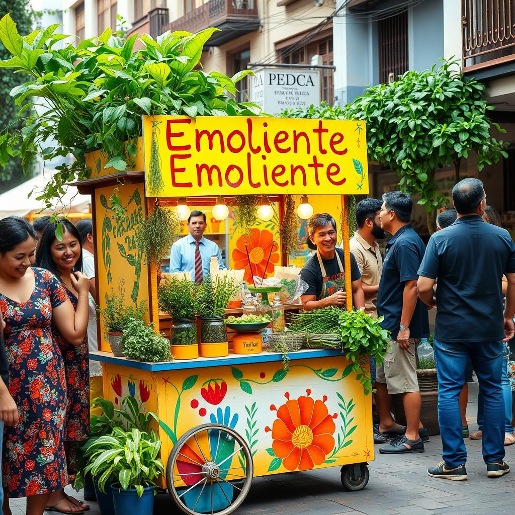 A vibrant and colorful street market scene featuring a creative emoliente cart and a person selling it