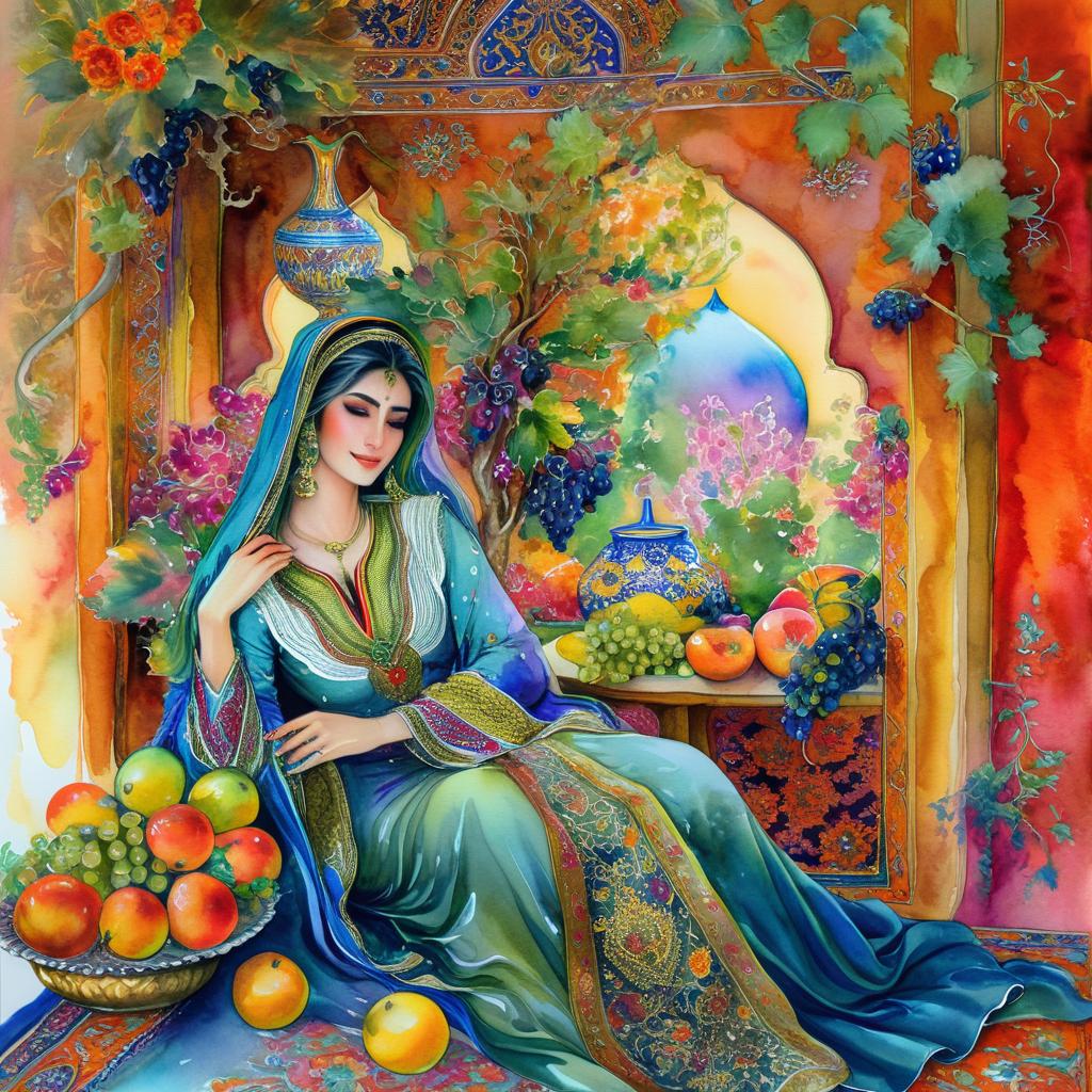 A mystical and spiritual watercolor painting of a beautiful Iranian woman reclining on a royal back inside a beautiful Iranian home with shiny and colorful silk carpets, fruit and grape dishes, traditional vases, and colorful flowers.