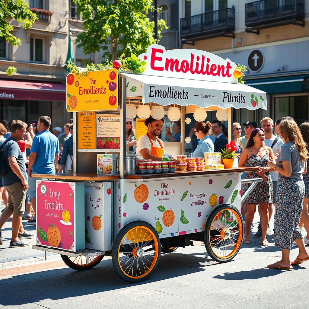 A vibrant mobile cart creatively designed to sell emollients, featuring colorful banners showcasing various flavors and types of emollients