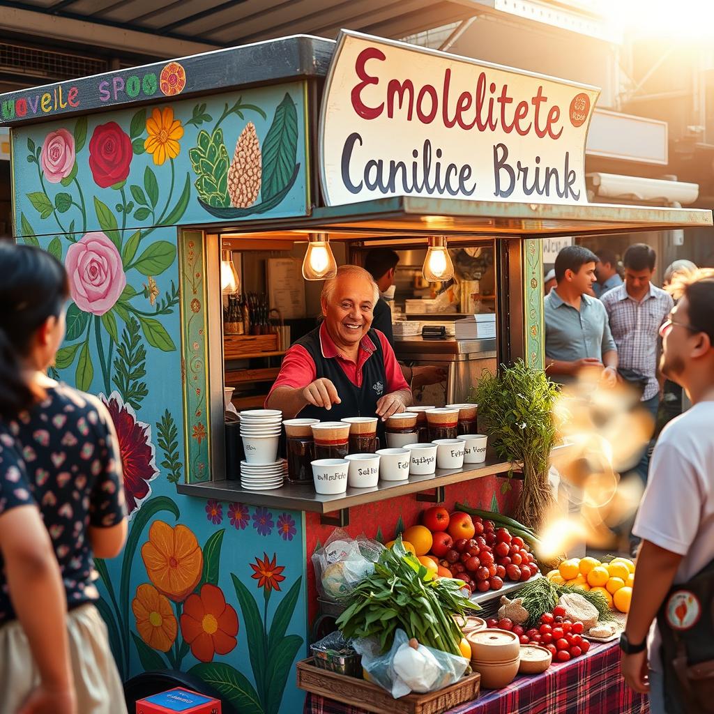 A vibrant and colorful mobile stand selling emoliente, a traditional herbal drink, in a bustling market