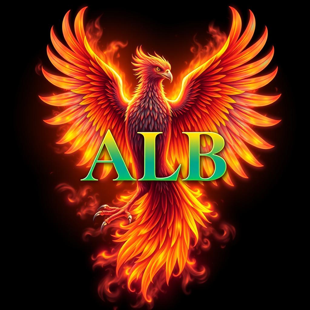 A majestic phoenix rising from vibrant, colorful flames, with intricate feather details and glowing embers around it