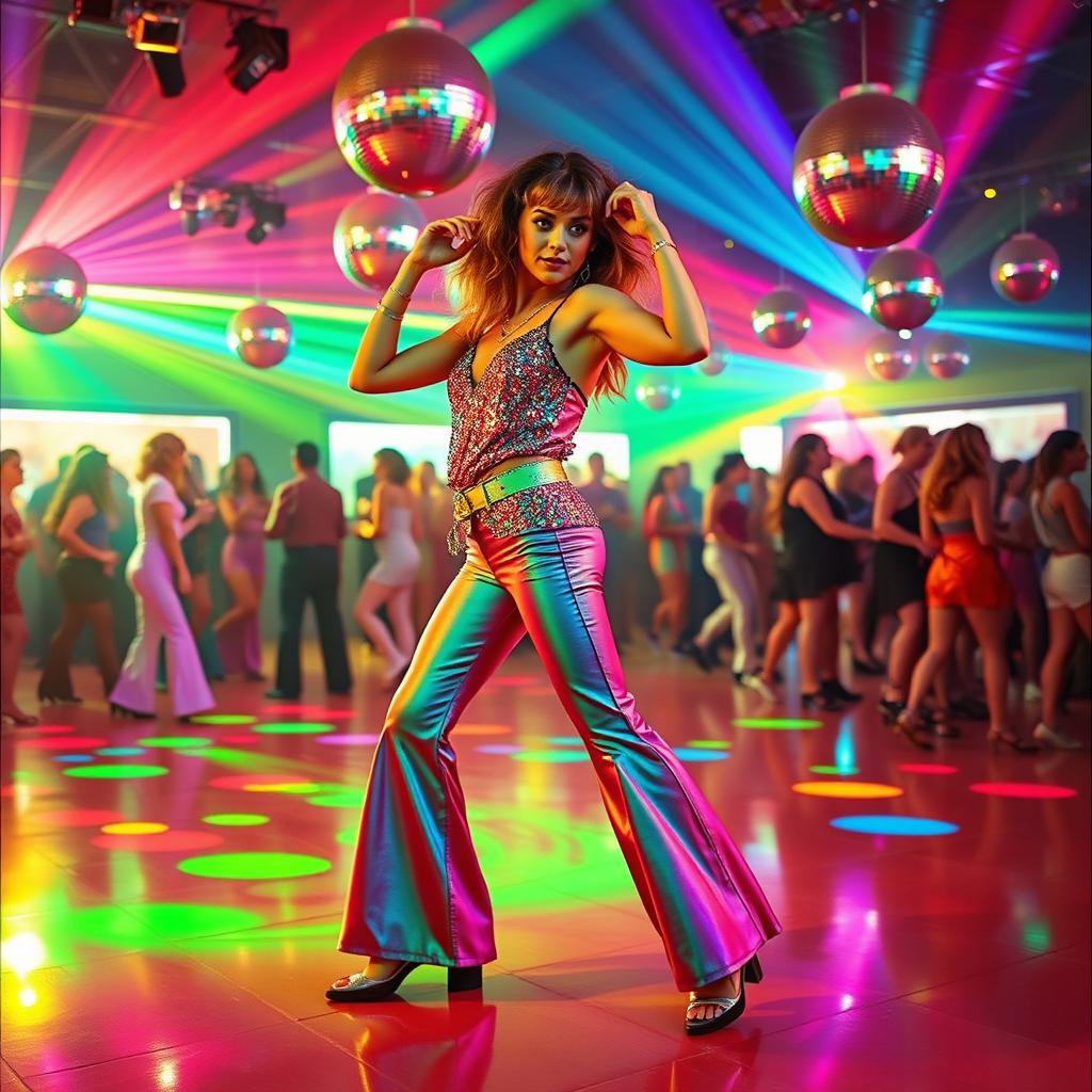 A vibrant and energetic disco dancer from the 1970s, showcasing a dynamic pose on a colorful dance floor filled with bright neon lights and reflective disco balls