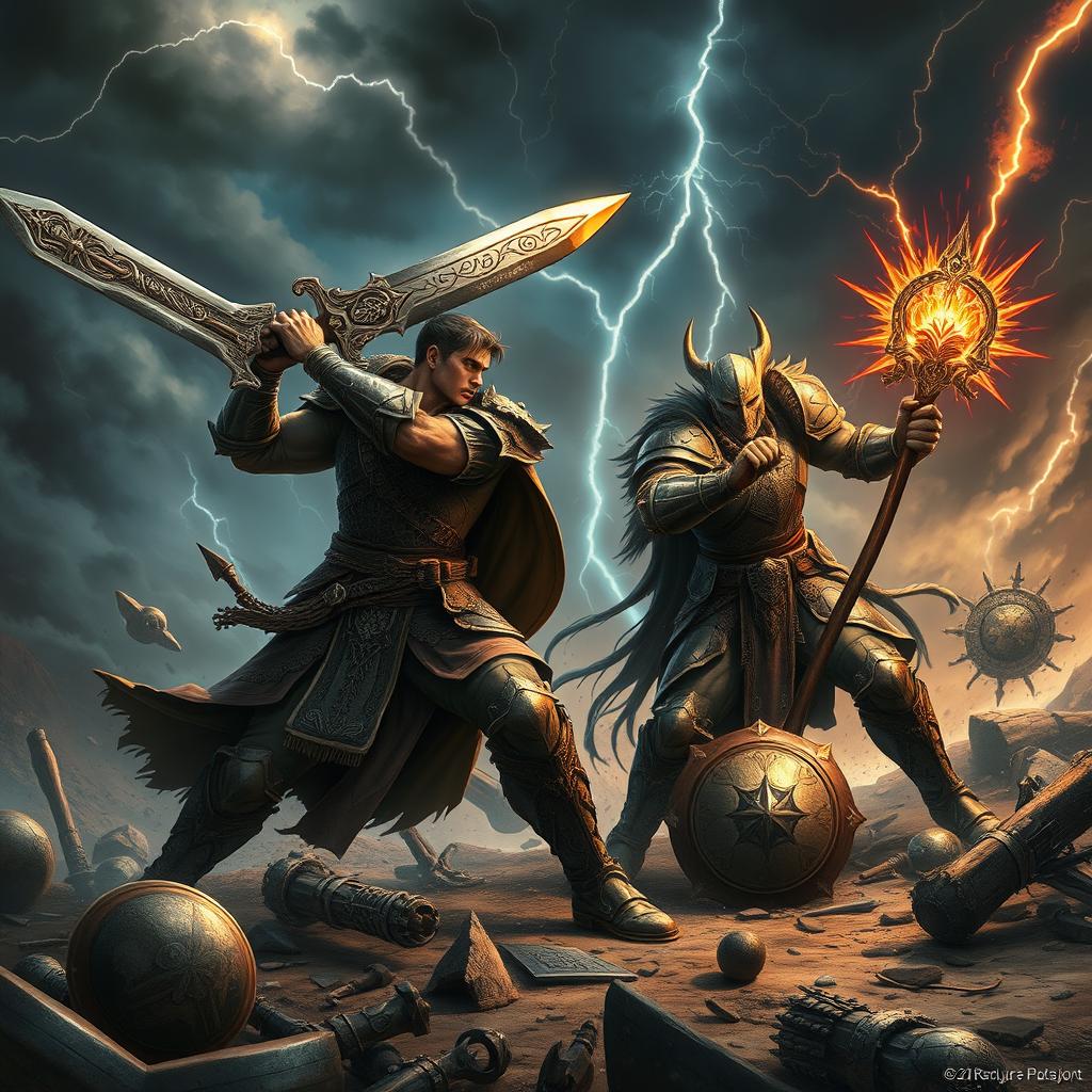 A dramatic and intense scene showcasing a battle between two warriors in a fantastical setting