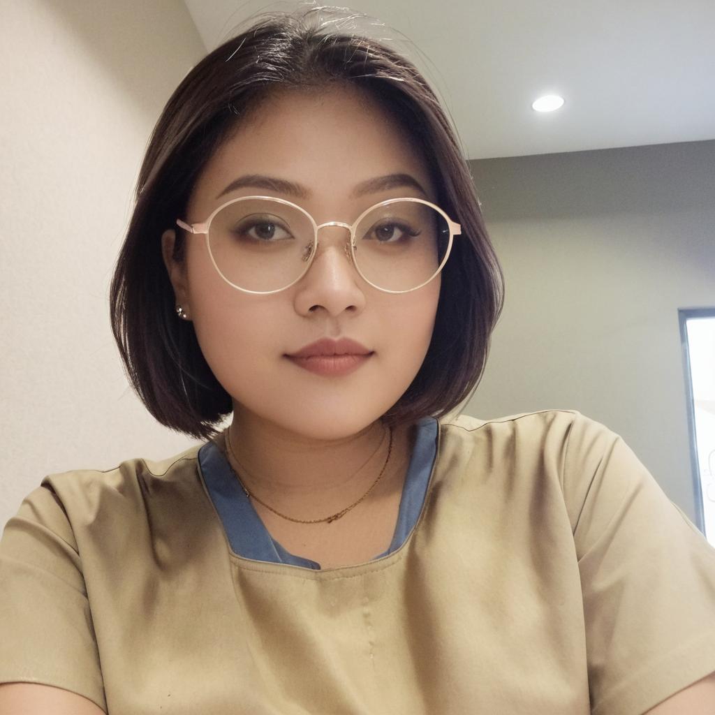 A girl wearing glasses in her eyes, with a highlight short hair,happy