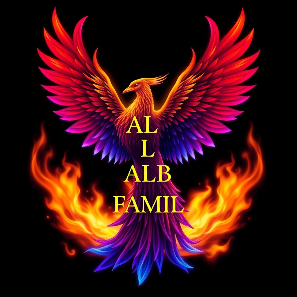 A majestic phoenix rising from vibrant, colorful flames, showcasing intricate feather details and glowing embers around it