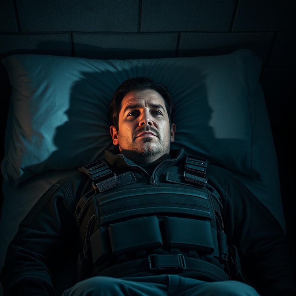 A dramatic scene depicting a man lying on a death row bed in a prison cell in the USA
