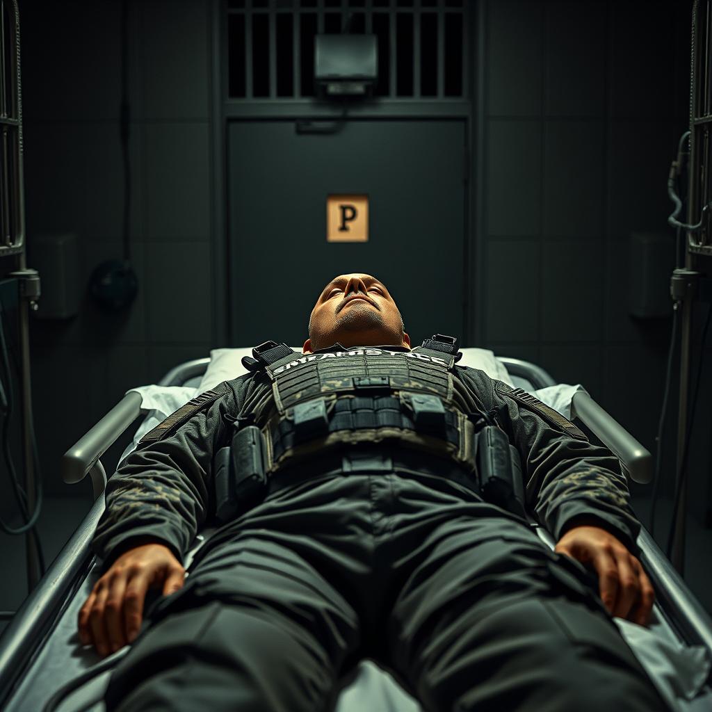 A dramatic and intense scene depicting a man on death row in a high-security prison in the USA, lying on a gurney with a death row chamber looming in the background