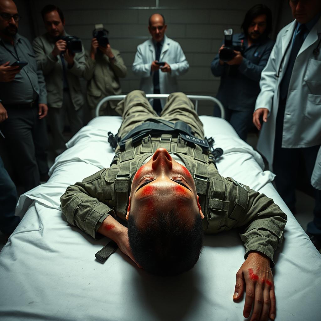 A man in an American SWAT tactical combat suit lying on a death row bed, undergoing execution by lethal injection in a prison setting