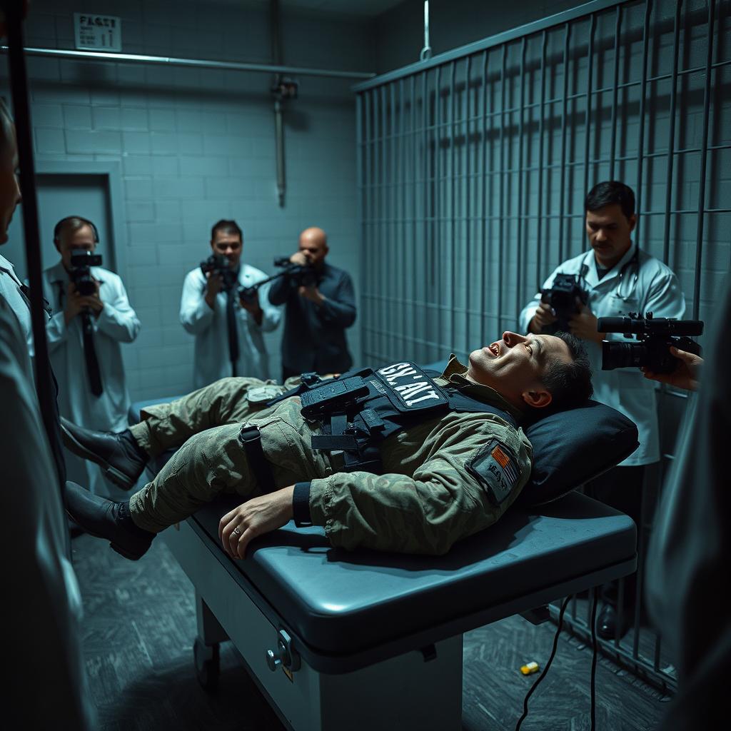 A dramatic scene set in a death row prison cell in the USA