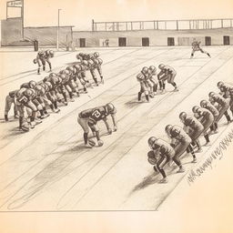 Sketch drawing of a football line of scrimmage as portrayed in a 1953 newspaper complete with vintage aesthetics and details