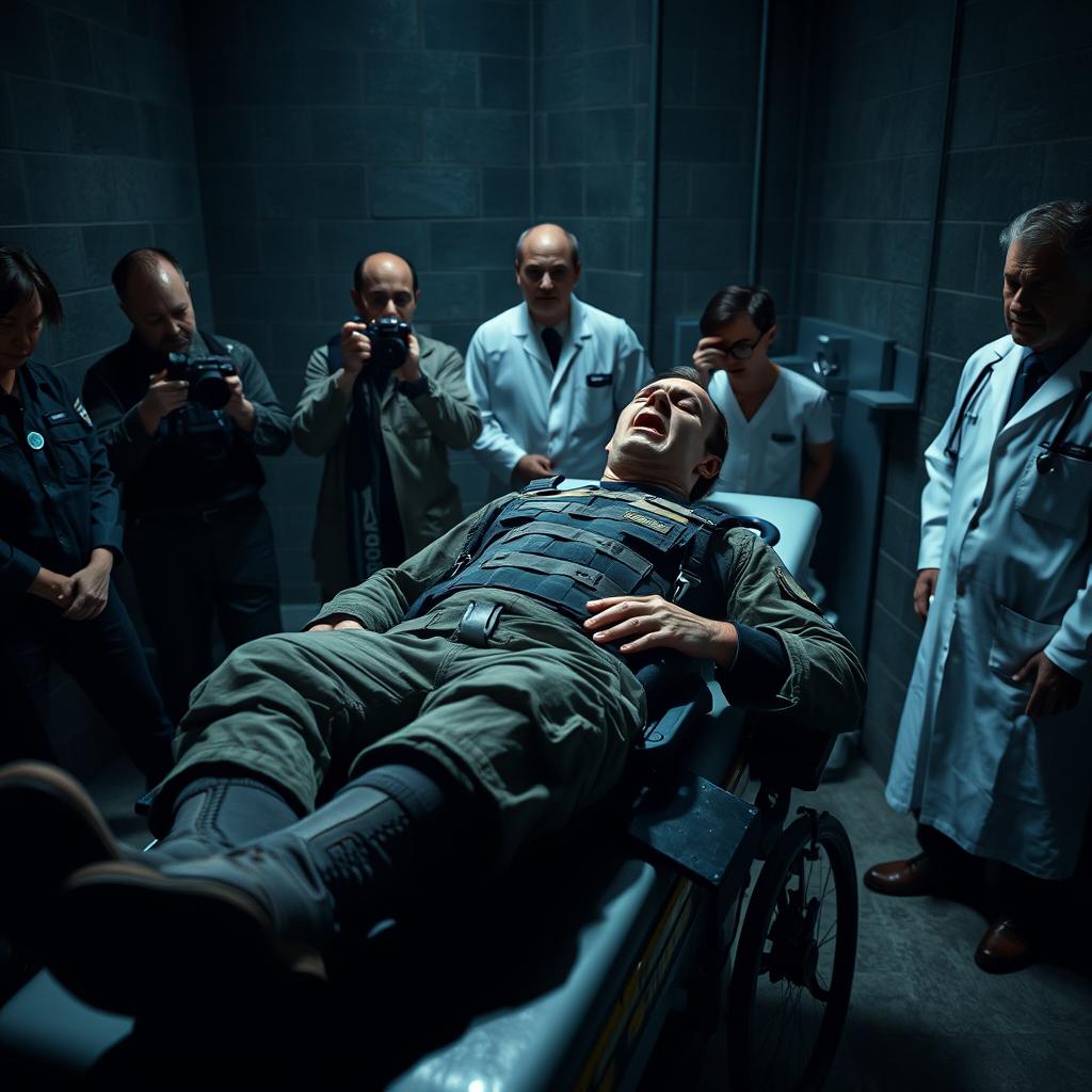 A dramatic scene set in a dimly lit execution chamber where a man is lying on a gurney, restrained in a tactical combat suit resembling a SWAT uniform