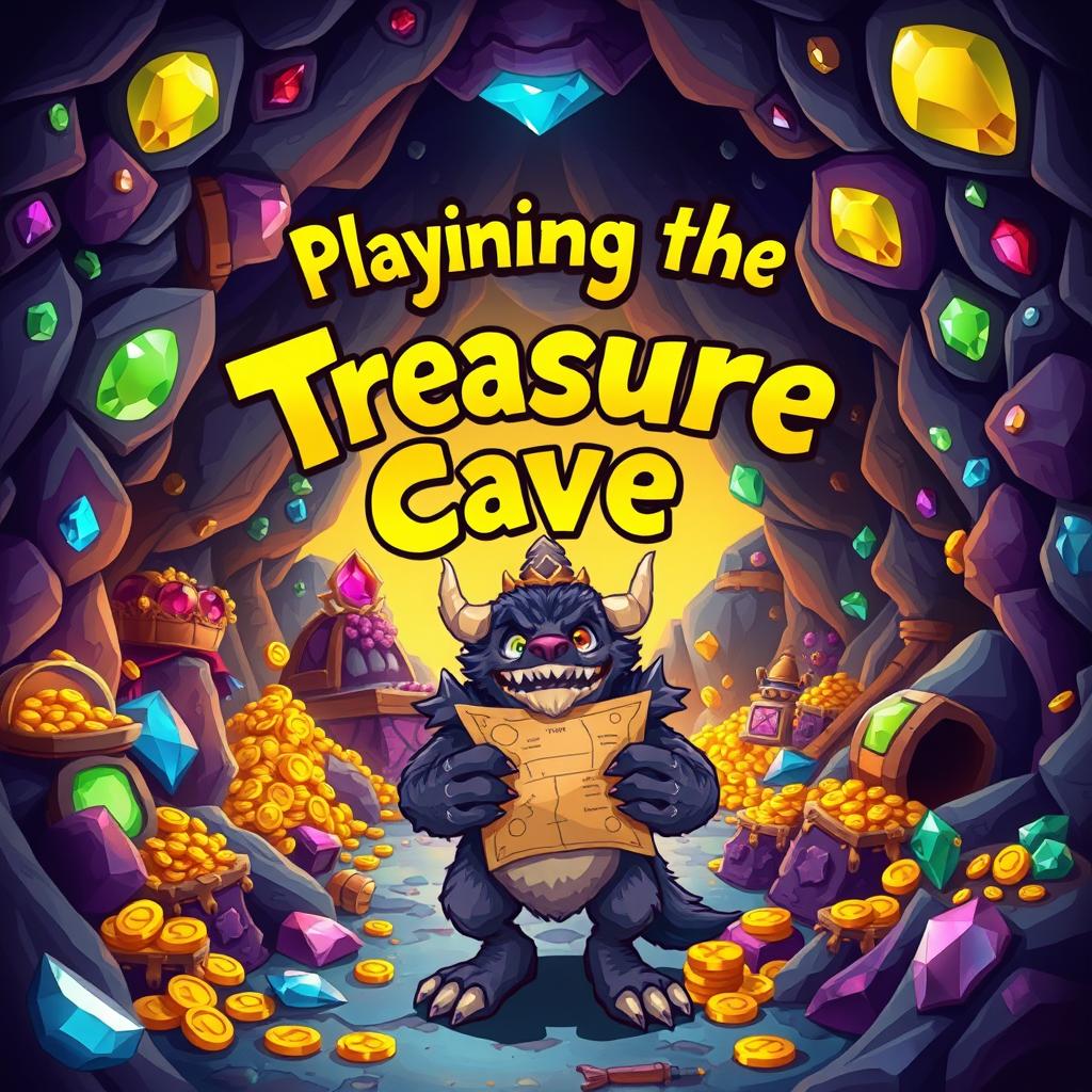 A vibrant and colorful scene depicting a fantasy cave filled with various treasures, mystical creatures, and the atmosphere of adventure