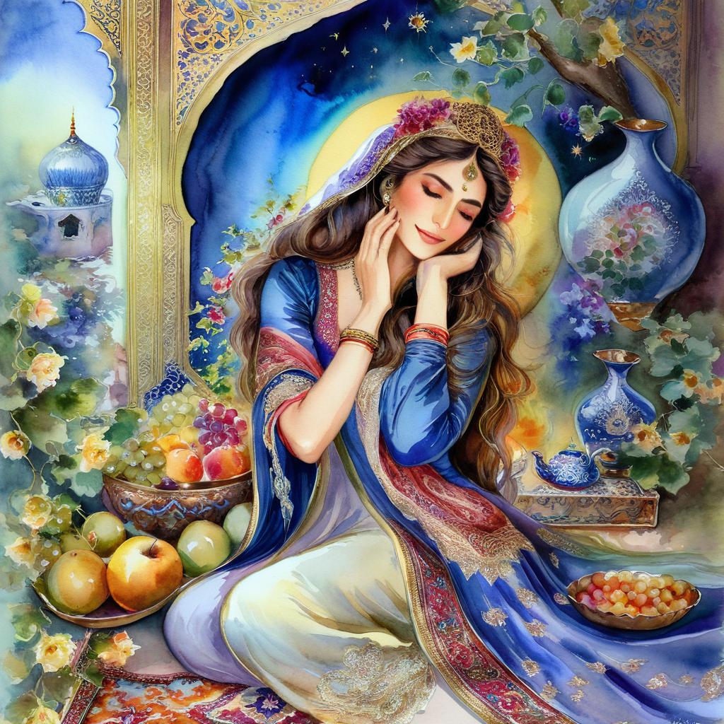 A mystical and spiritual watercolor painting of a beautiful Iranian woman reclining on a royal back inside a beautiful Iranian home with shiny and colorful silk carpets, fruit and grape dishes, traditional vases, and colorful flowers.