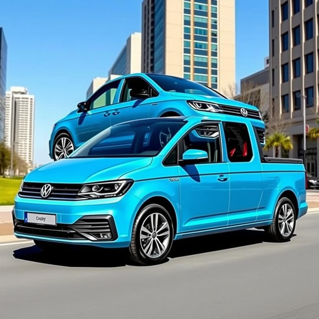 A new Volkswagen Caddy transformed into a pick-up truck, featuring a sleek, modern design with a streamlined body and spacious cargo bed