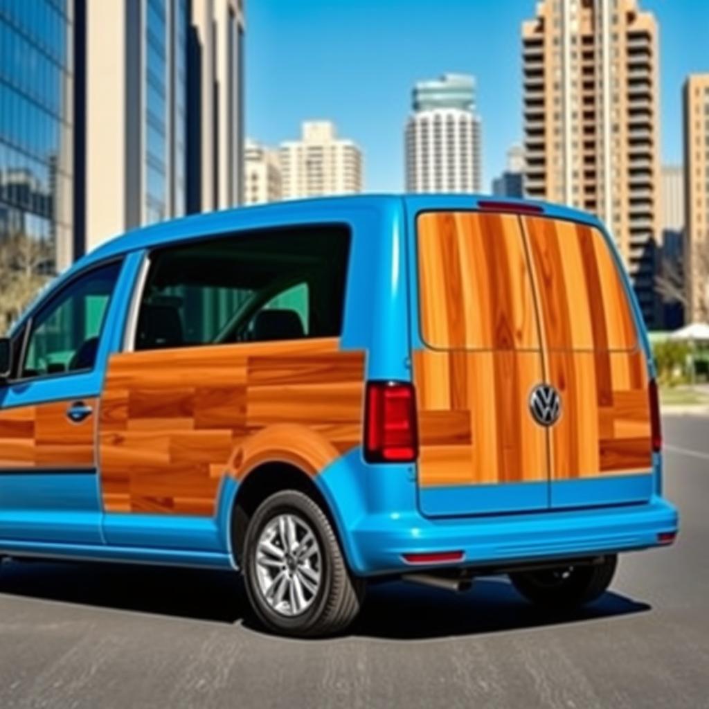 A new Volkswagen Caddy transformed into a pick-up truck with a stylish wood bed, featuring rich, polished wood planks that add a rustic charm to the modern design