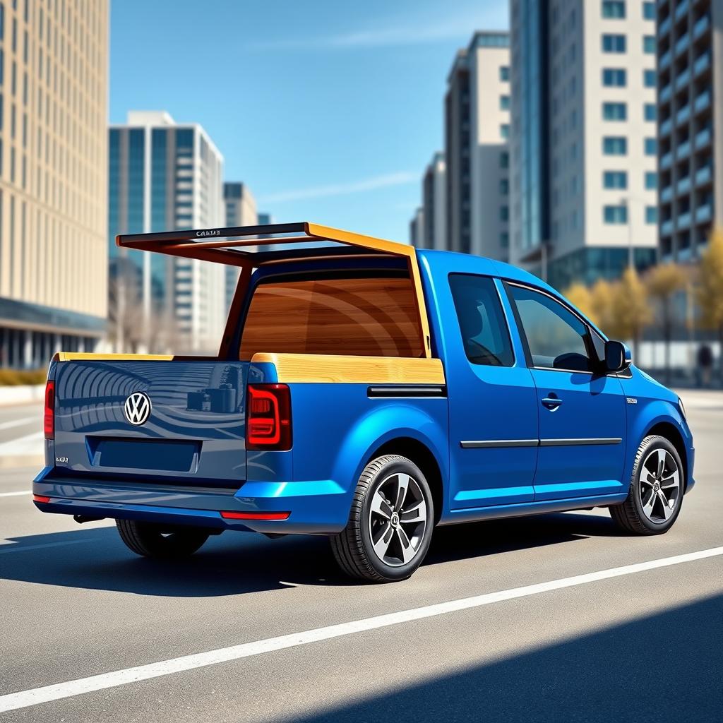 A new Volkswagen Caddy redesigned as a pick-up truck, showcasing a stylish wood bed with polished wood planks that beautifully contrast with the modern design