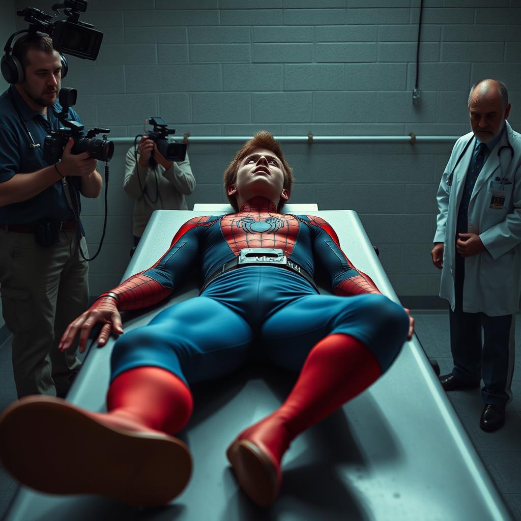 A hyper-realistic scene depicting a young man reminiscent of Peter Parker, lying strapped to a death row execution table inside a US prison