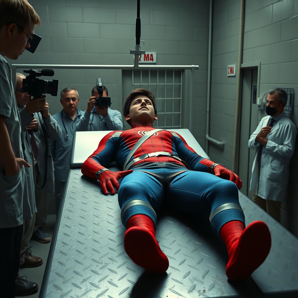 A hyper-realistic scene depicting a young man reminiscent of Peter Parker, lying strapped to a death row execution table inside a US prison