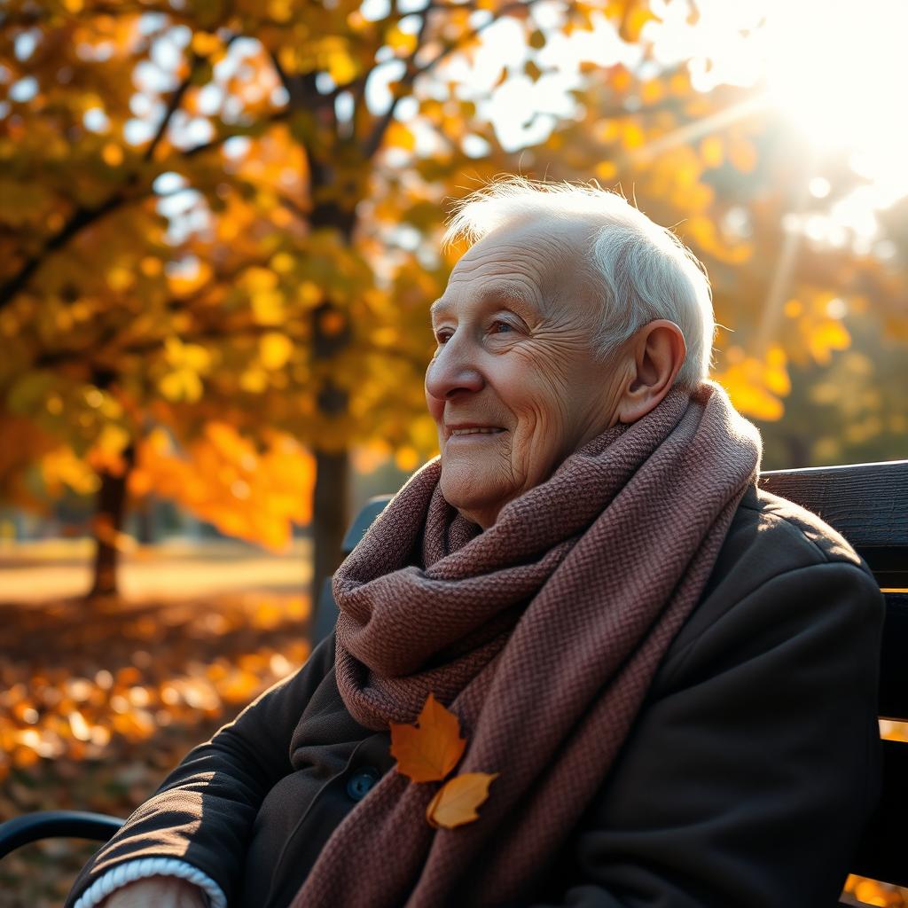 An elderly person sitting on a park bench, wearing a warm, cozy scarf, surrounded by colorful autumn leaves, with a soft smile on their face, gazing at the vibrant trees