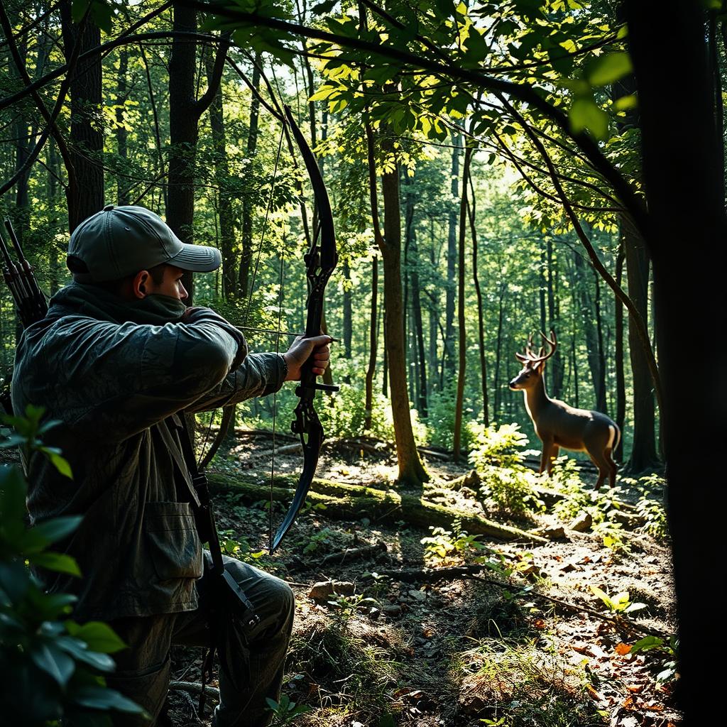 A tense scene in a dense forest, showcasing a skilled hunter poised with a bow and arrow, focusing intently on a majestic deer in the midst of the trees