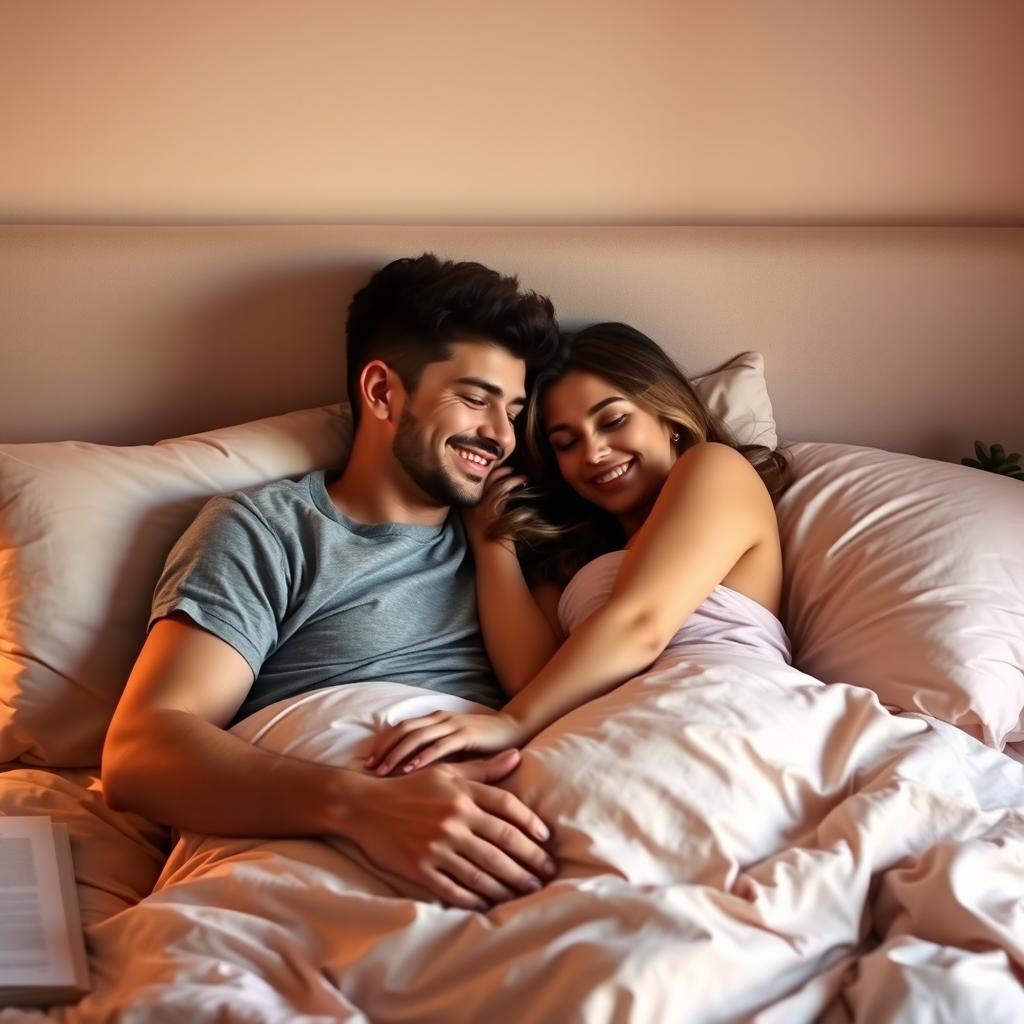 A cozy and intimate bedroom scene featuring a boyfriend and girlfriend snuggled up in bed, embracing each other warmly
